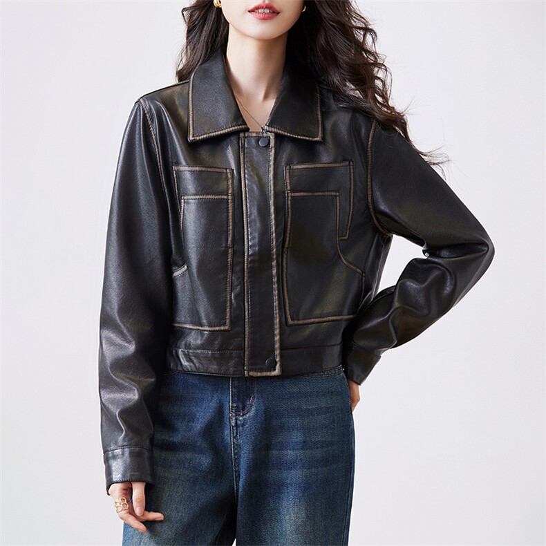 复古短款机车皮衣外套女春季2024新款宽松炸街小个子pu皮夹克上衣,女装皮衣,潮流依族