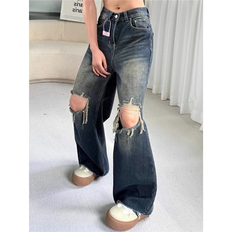 美式复古破洞牛仔裤女2025夏季小众高腰显瘦宽松直筒阔腿拖地裤子,男装牛仔裤,星座506A