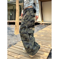 美式复古褶皱多口袋水洗迷彩工装裤女潮牌街头直筒堆积感阔腿裤子，男装牛仔裤，星座506A