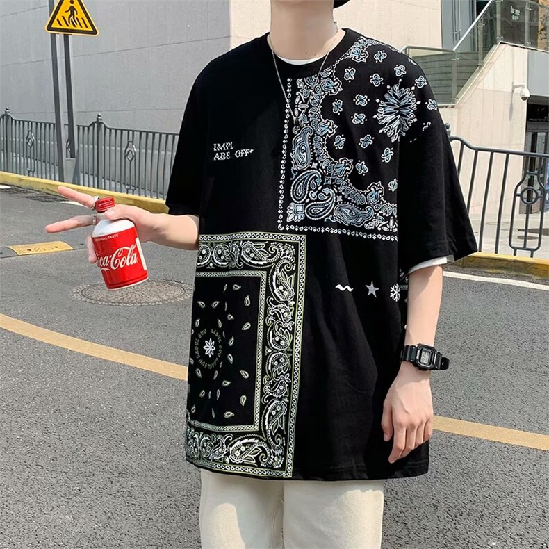 错位图腾休闲hiphop短袖T恤腰果花印花短袖男潮流五分袖T251-P25,男装T恤,星座512-2
