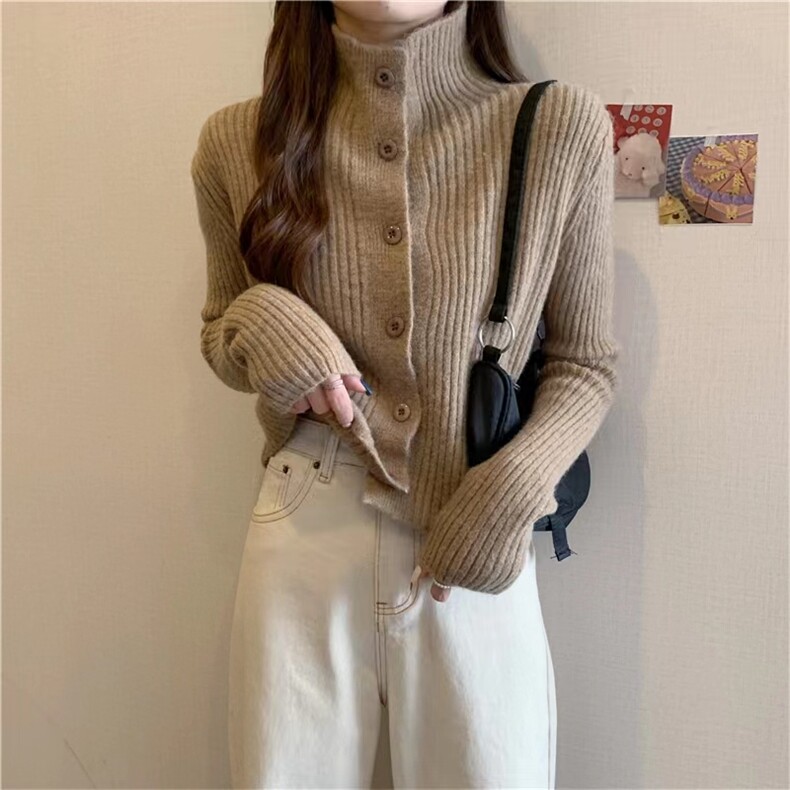 秋季新款高领显瘦百搭时尚羊毛针织开衫女宽松长袖外套上衣,女装羊毛衫,恒恩羊绒