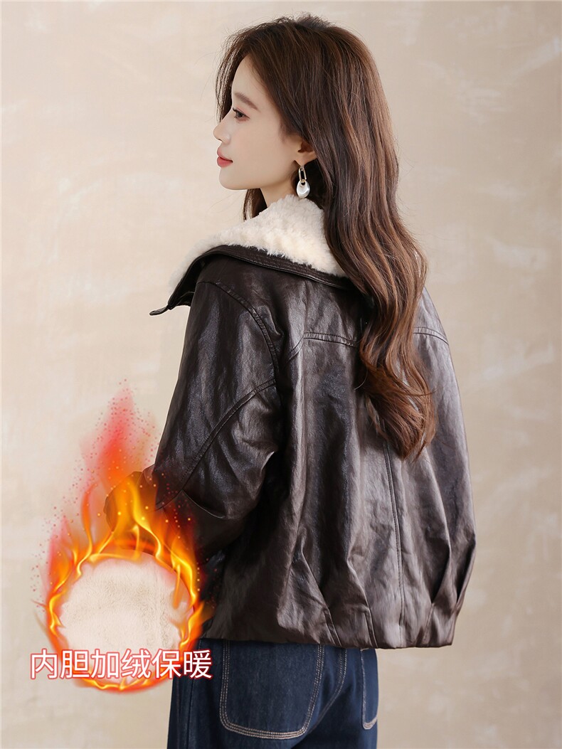 现货！现货！加绒加厚皮衣女2025冬季新款羊羔毛翻领棉衣棉服,女装棉衣/棉服,以桐