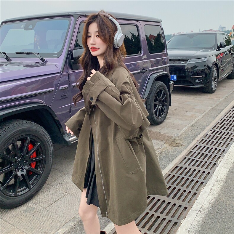 深卡其色工装连帽风衣外套女2025春秋季新款韩版休闲显瘦流行大衣,女装风衣,2C167