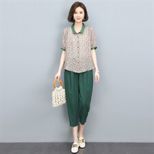高端苎麻碎花套装纯亚麻上衣女装2025年新款夏季妈妈装棉麻两件套，女装套装/套裙，奕阳依阁