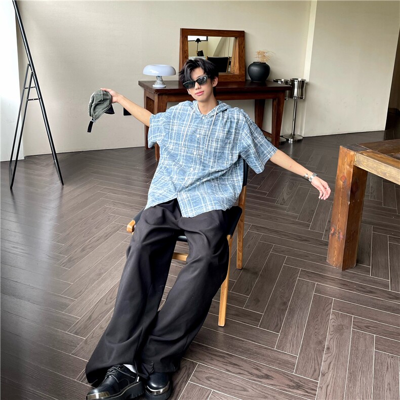 原版格子纹连帽短袖衬衫宽松休闲舒适衬衣CS14,男装衬衫,星座1116A-1（原606A）