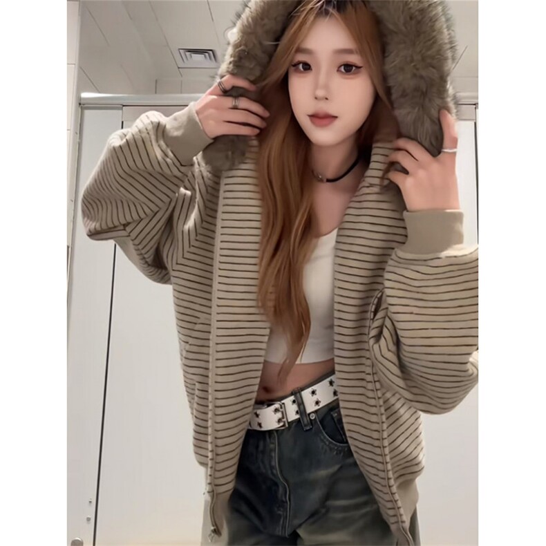 条纹秋冬季毛领连帽卫衣外套女新款宽松休闲百搭开衫WN766，女装短外套，星座1116A（原606A-3）