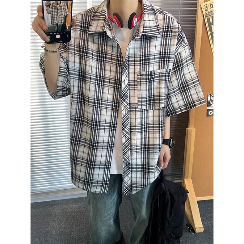 韩版潮流复古格子大码翻领短袖衬衫内搭外套DC2219-P24【特价】,男装衬衫,电商A007