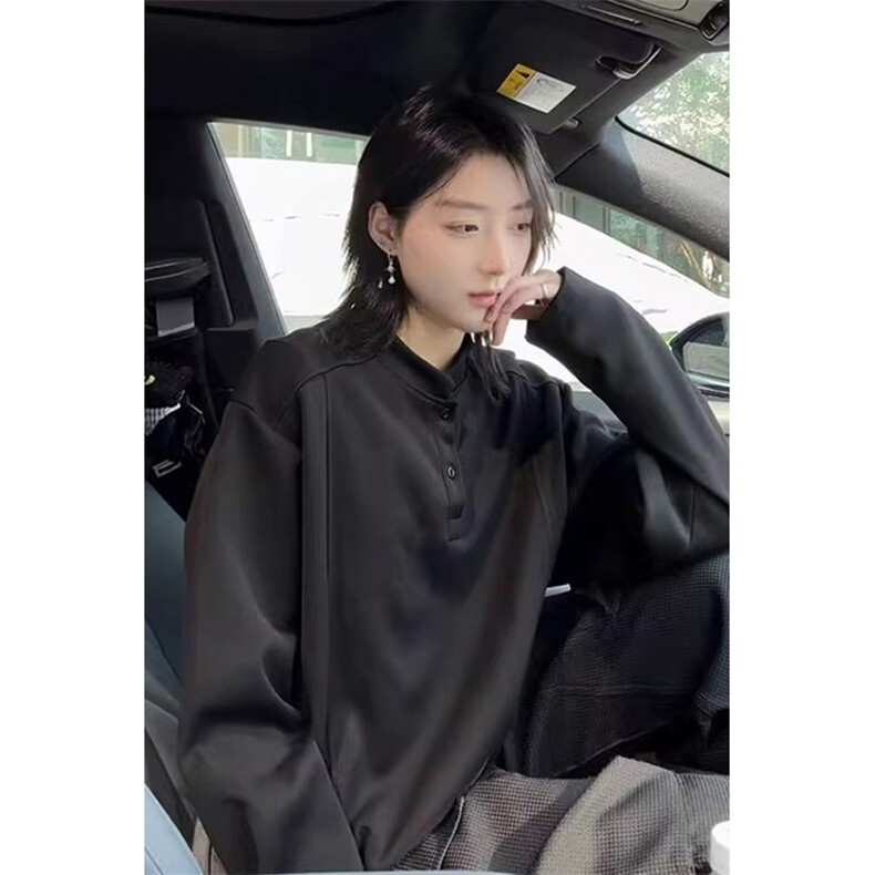 抖音得物品质美式高街重磅曼巴棉拼接cleanfit亨利领卫衣长袖T恤,男装T恤,电商A486