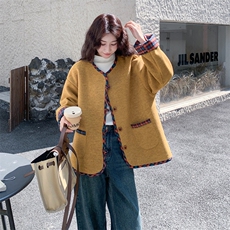 南瓜色学院风格子拼接毛呢外套女秋冬2025新款设计感爆款绝美大衣，女装毛呢外套，2C056