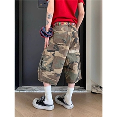 美式破洞补丁七分牛仔裤男女夏季宽松水洗迷彩短裤LN10966-P50，男装牛仔裤，星座1008