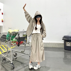 韩系慵懒风工装冲锋衣套装裙女春秋两件套学院风减龄盐系炸街小众，女装套装/套裙，纯色衣恋