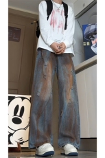 秋季新款扎染破洞牛仔裤男直筒复古嘻哈高街裤子-A1189TP45控65，男装牛仔裤，电商B241
