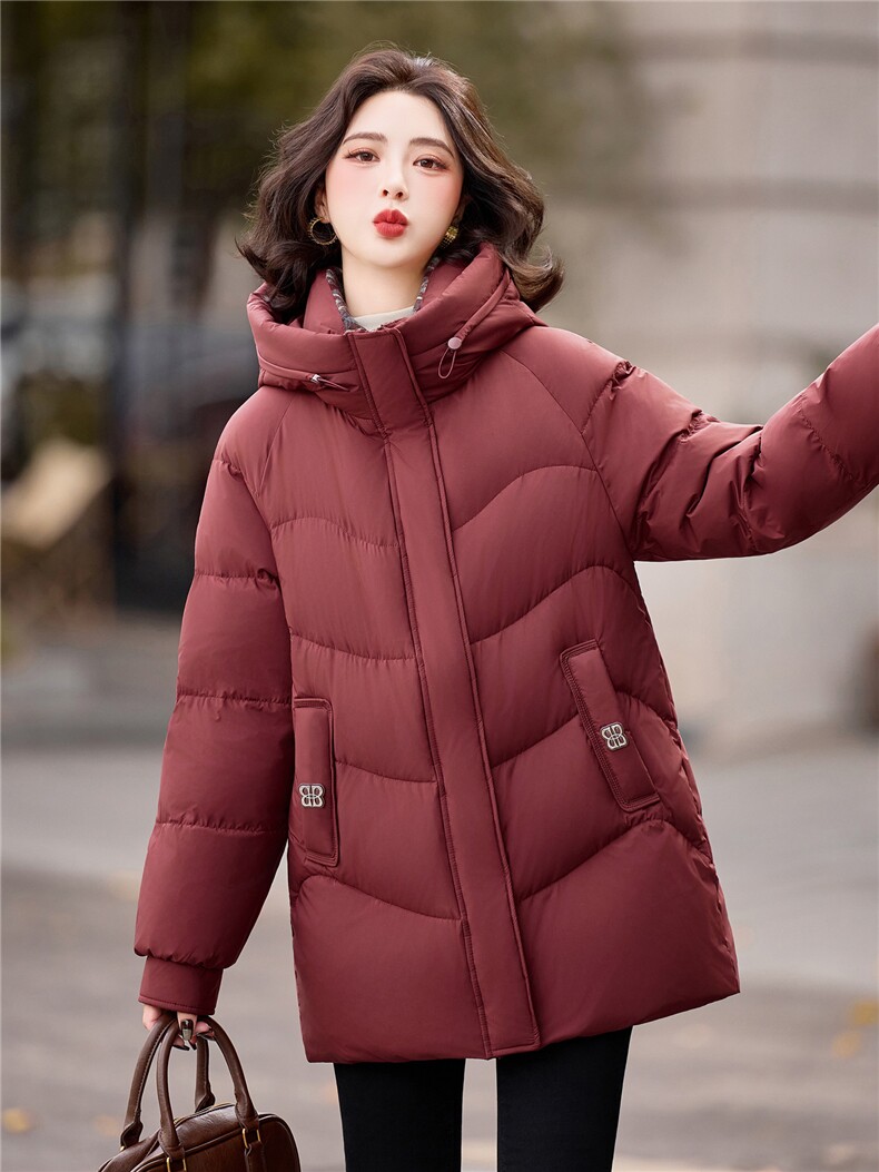 现货2025年冬季新款休闲中长款90绒羽绒服外套女保暖拼子拼接连帽,女装羽绒服,璐依舞
