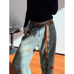 美式高街复古立体刺绣配腰带阔腿牛仔裤男女显瘦直筒弯刀拖地裤潮图片 美式高街复古立体刺绣配腰带阔腿牛仔裤男女显瘦直筒弯刀拖地裤潮图片