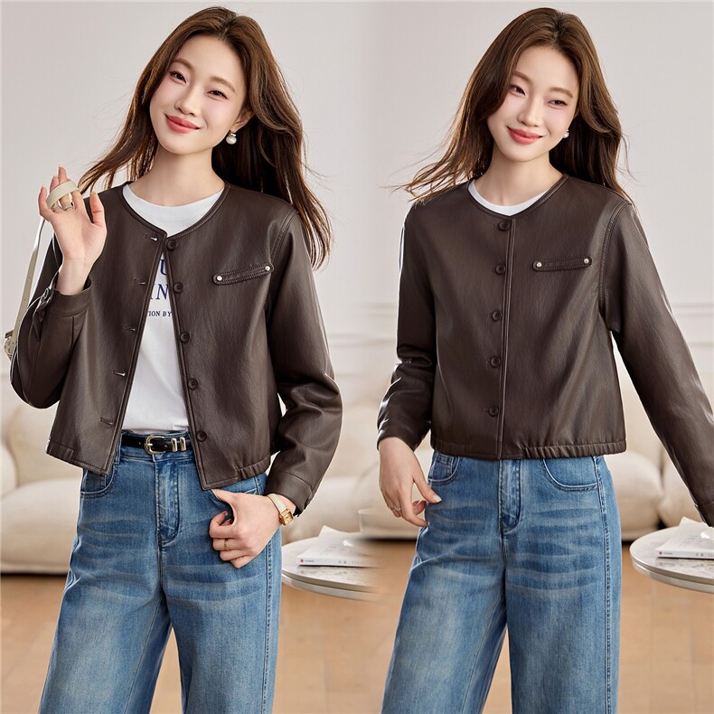 【春季女装新款】2026大量现货春季时尚优雅圆领小香风短款皮衣，女装皮衣，缘衣格