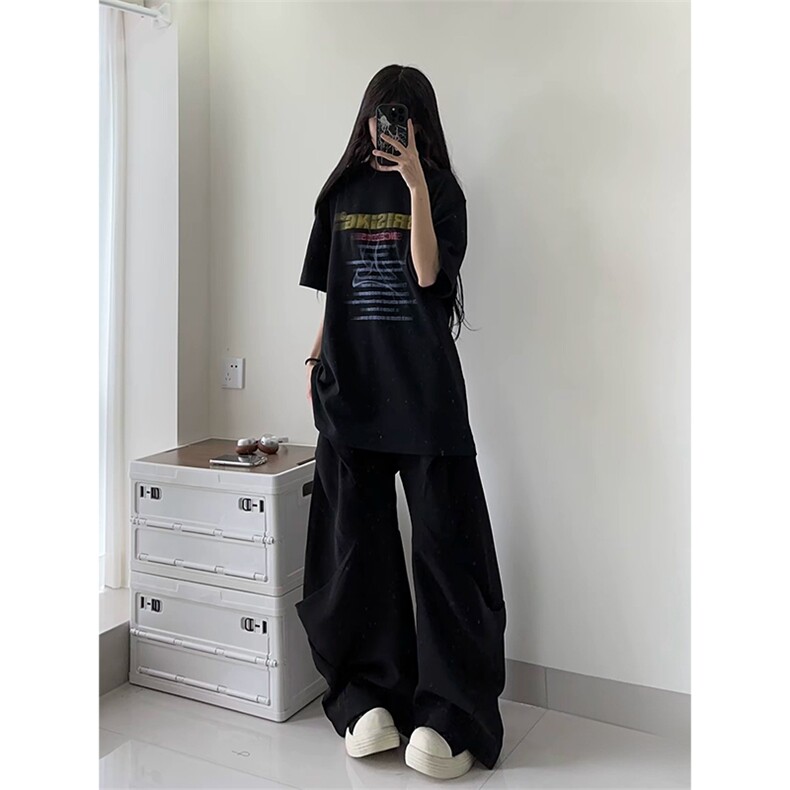 抖音得物 210克现货宽松纯棉美式潮牌印花落肩袖纯棉T恤AT21141图片
