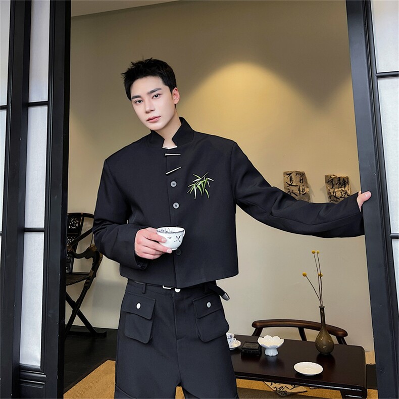 新中式翠竹绣花西装外套男设计感金属扣上衣男P135,男装西服,星座1009（原B233）