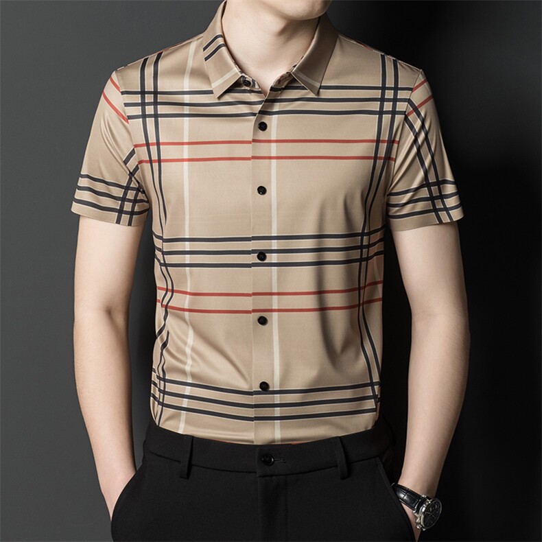 冰丝透气短袖衬衫夏季男士休闲商务中年格子免烫宽松时尚衬衣男装，男装衬衫，电商B212（原钱塘6029）