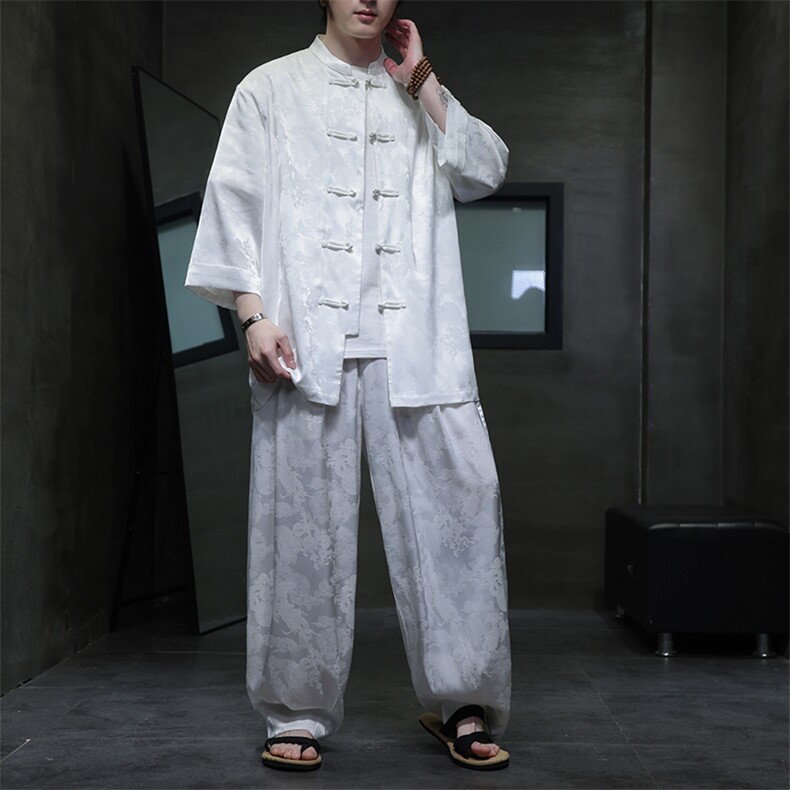 2025夏季新款风复古七分袖立领衬衫休闲长裤套装TZ100-P110,男装休闲套装,电商A008
