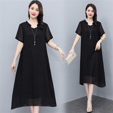 加肥加大码雪纺连衣裙女2025夏新款胖MM遮肚宽松显瘦中年妈妈裙子，女装连衣裙，深妍伊美