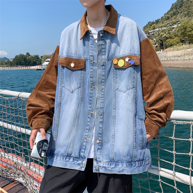 港风秋款男牛仔夹克灯芯绒拼色牛仔别针装饰休闲外套JK1010P78,男装夹克,星座1013-1