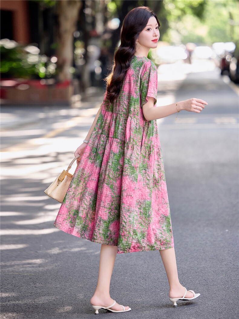 洋气减龄印花棉麻连衣裙女2026夏季V领气质宽松休闲遮肚显瘦裙子,女装连衣裙,倪叶myz