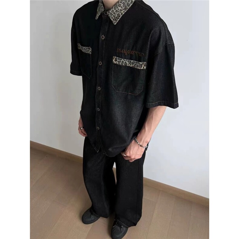小众设计美式豹纹拼接牛仔短袖T恤衬衫复古做旧外套XSA03-P63,男装T恤,星座208-5