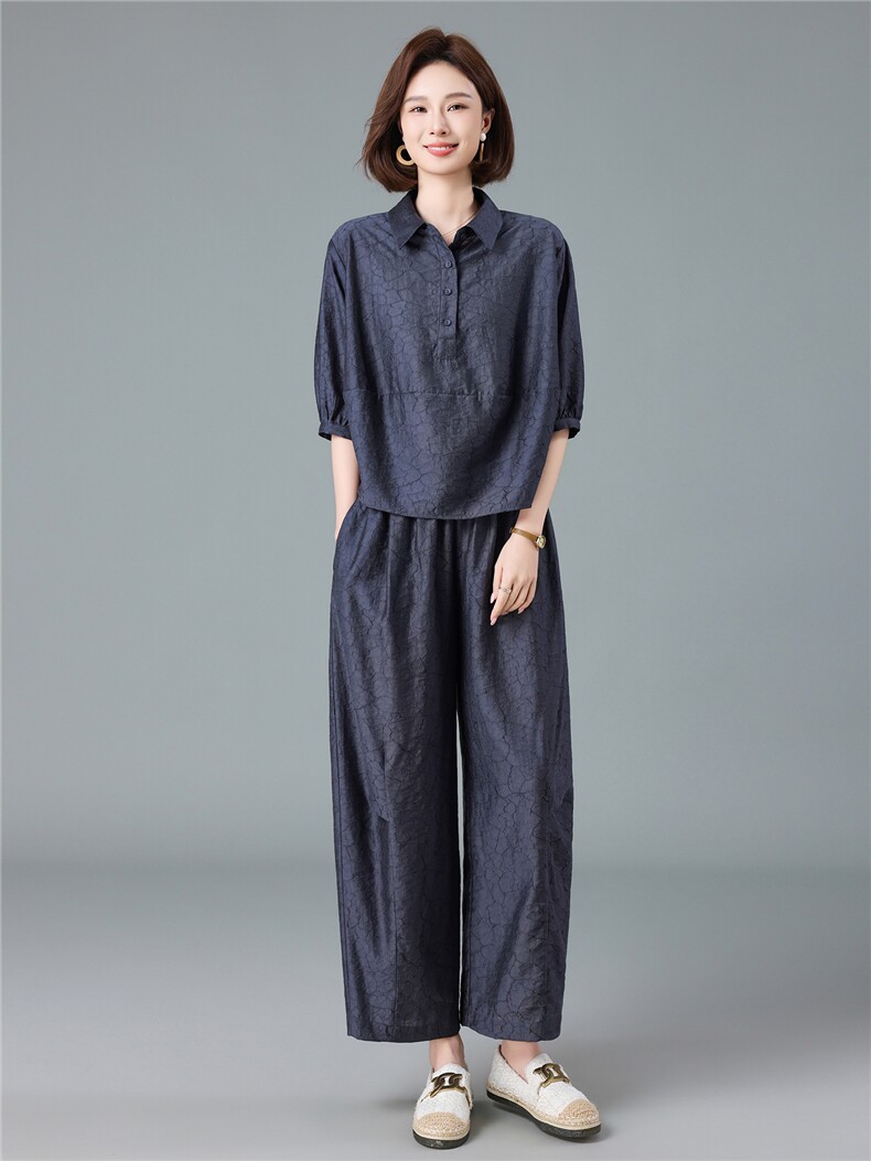 现货2026夏季新款宽松大码洋气减龄莱赛尔提花衬衫套装两件套,女装套装/套裙,深水步