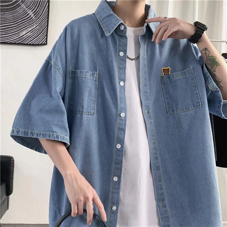 牛仔衬衫男夏季古着vintage短袖衬衣高级感潮牌痞帅半袖翻领外套,男装衬衫,星座1008-2