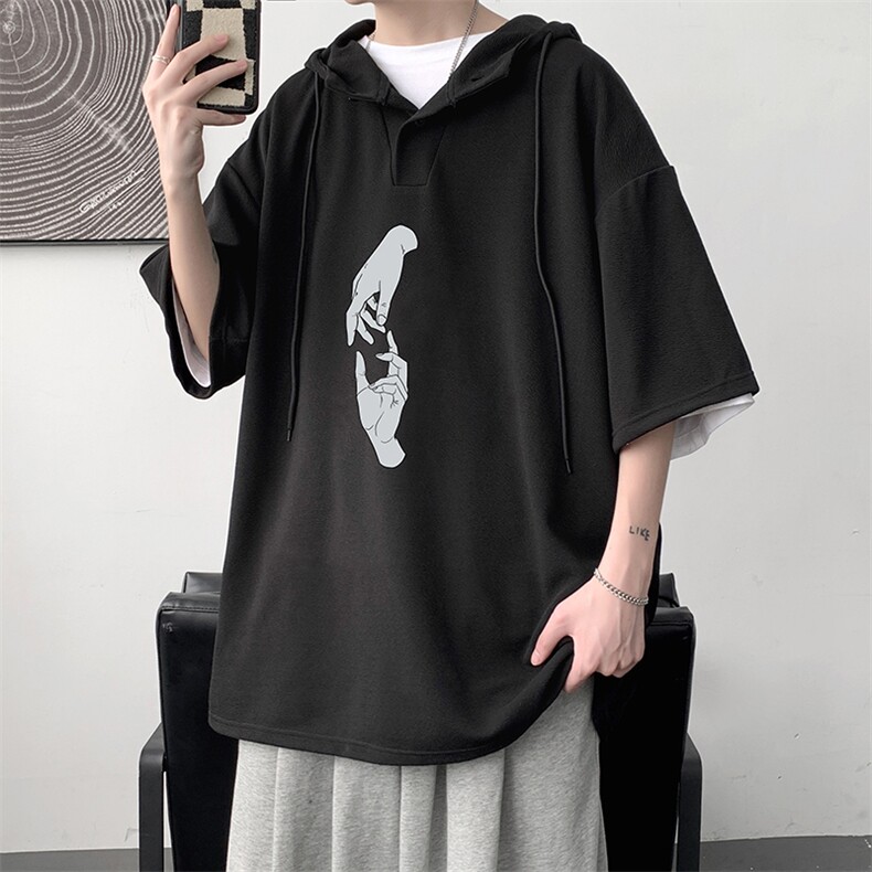 LD54147-P45连帽短袖t恤男大码胖子带帽五分袖中袖大皂风,男装T恤,电商A040