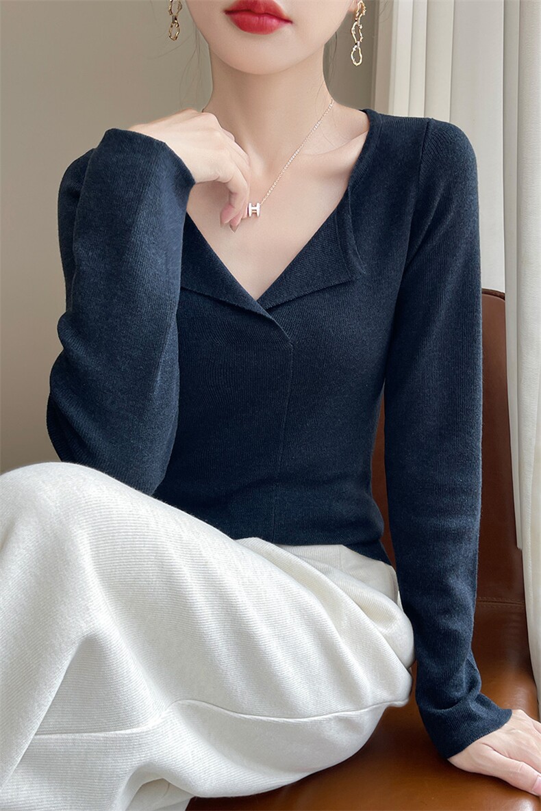 V型翻领纯色打底衫2024年秋冬女士针织衫新款,针织衫/毛衣,皓宇羊绒