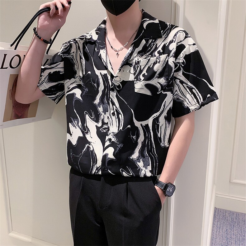 夏季轻熟风小V领印花宽松花衬衫301A-1/CS389/P55,男装衬衫,星座301A-1