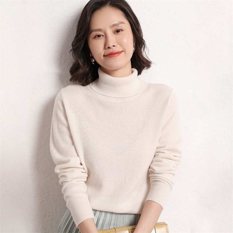 休闲简约百搭淑女通勤长袖高翻领套头羊毛衫,女装羊毛衫,艾米娇羊绒