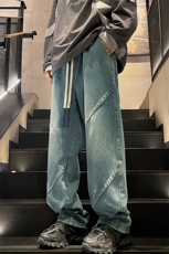 特批P40无差价夏秋衔接美式复古褶皱牛仔裤男设计感拖地长裤N9076，男装牛仔裤，电商A001-1