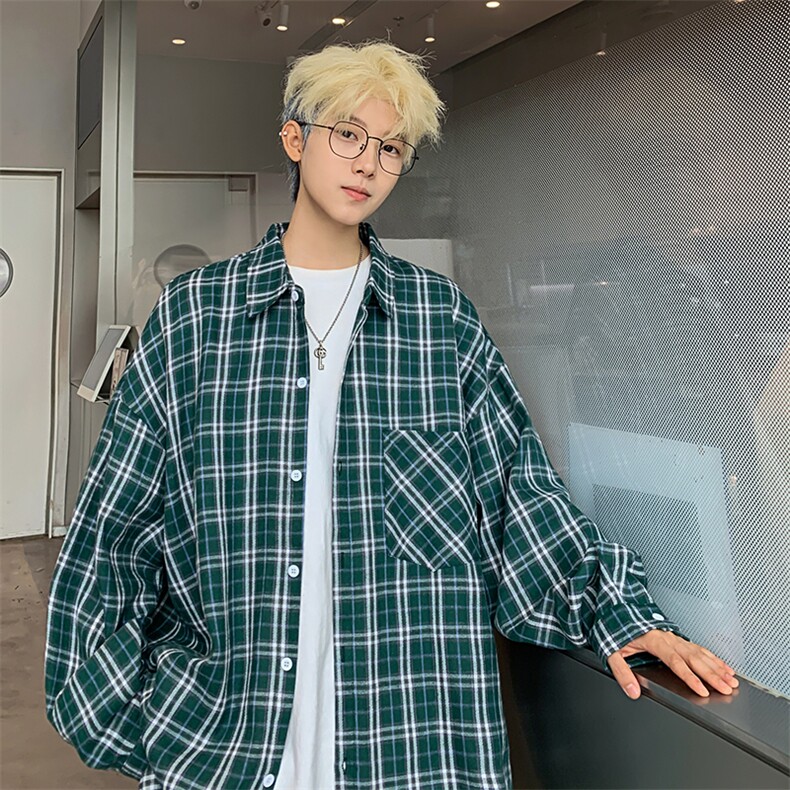 衬衣男春季新款港风宽松大码磨毛格子长袖衬衫CS530-P38,男装衬衫,星座214-3
