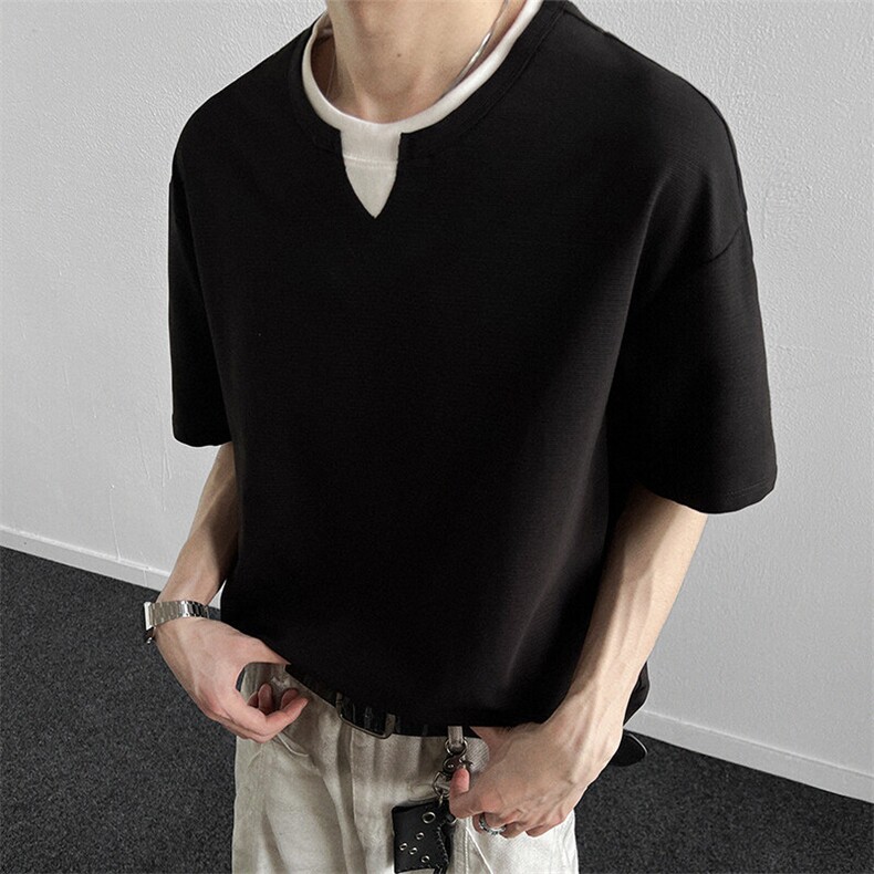 V领潮牌短袖t恤男夏季圆领套头宽松男装半袖高级感带纽扣亨利领,男装T恤,星座914