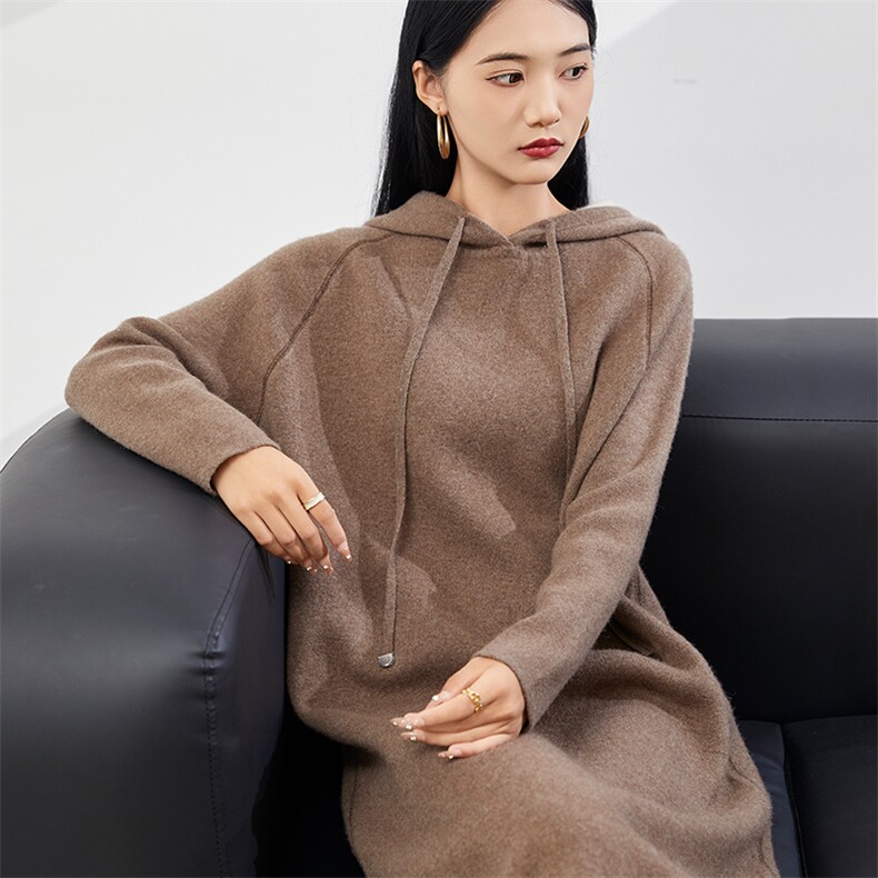 百搭秋冬保暖慵懒风休闲连帽连衣裙显瘦长袖针织裙简约大气气质女,女装连衣裙,美够羊绒