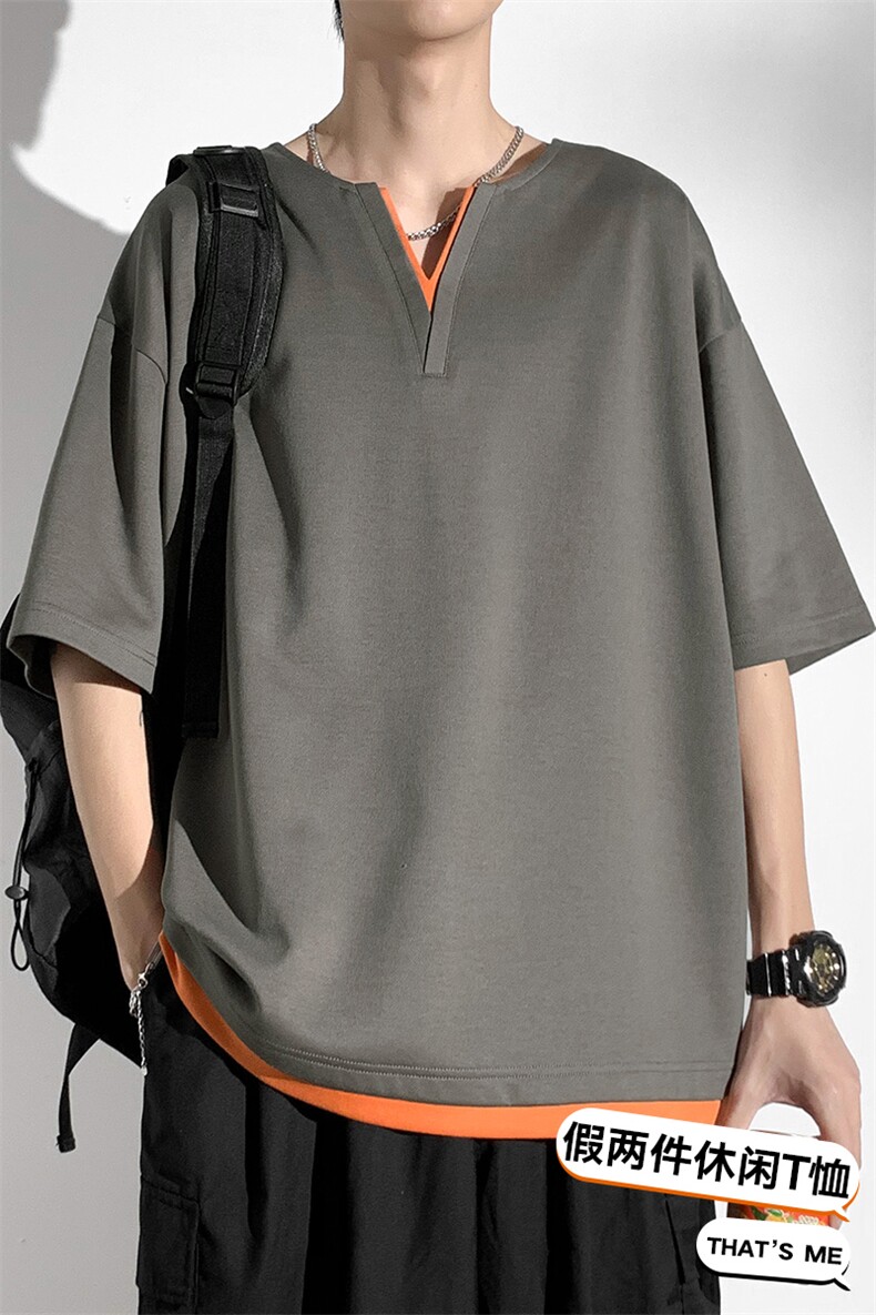 男士短袖港风白墙体恤夏季休闲百搭纯色V领T恤男上衣TC3134-P30,男装T恤,星座717