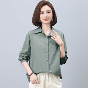 衬衫女大码纯色常规单排多扣宽松棉长袖2024年春季图片