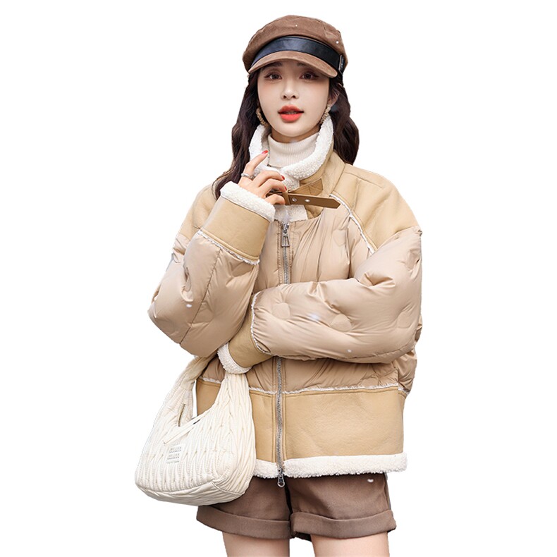 仿羊羔毛拼接羽绒服女2024冬季新款短款立领小个子90白鸭绒加厚外套,女装羽绒服,韩蜜菓