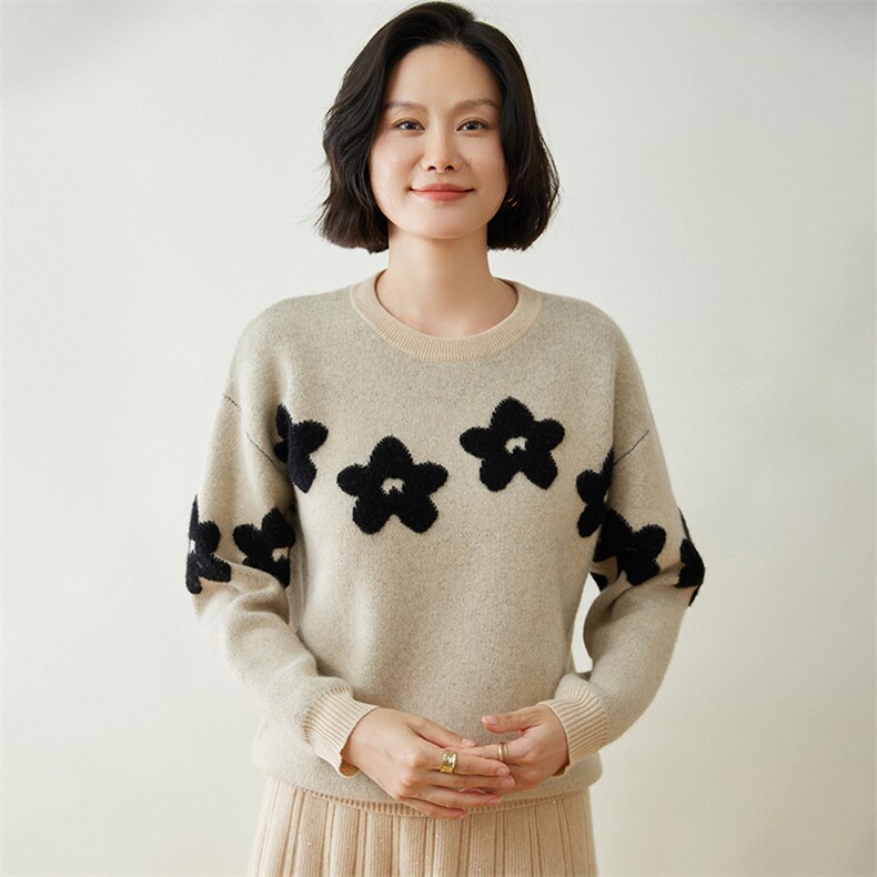 时尚提花花朵35%羊毛毛衣 优雅显瘦图片