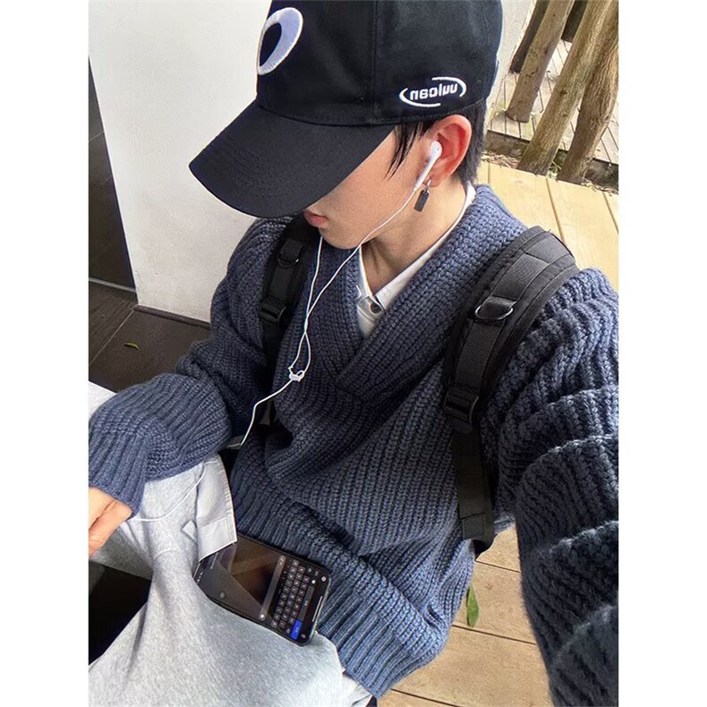 网图冬装V领针织衫毛衣男粗毛线衣外搭叠穿宽松A025-JM1062-P48,男装针织衫/毛衣,电商A025