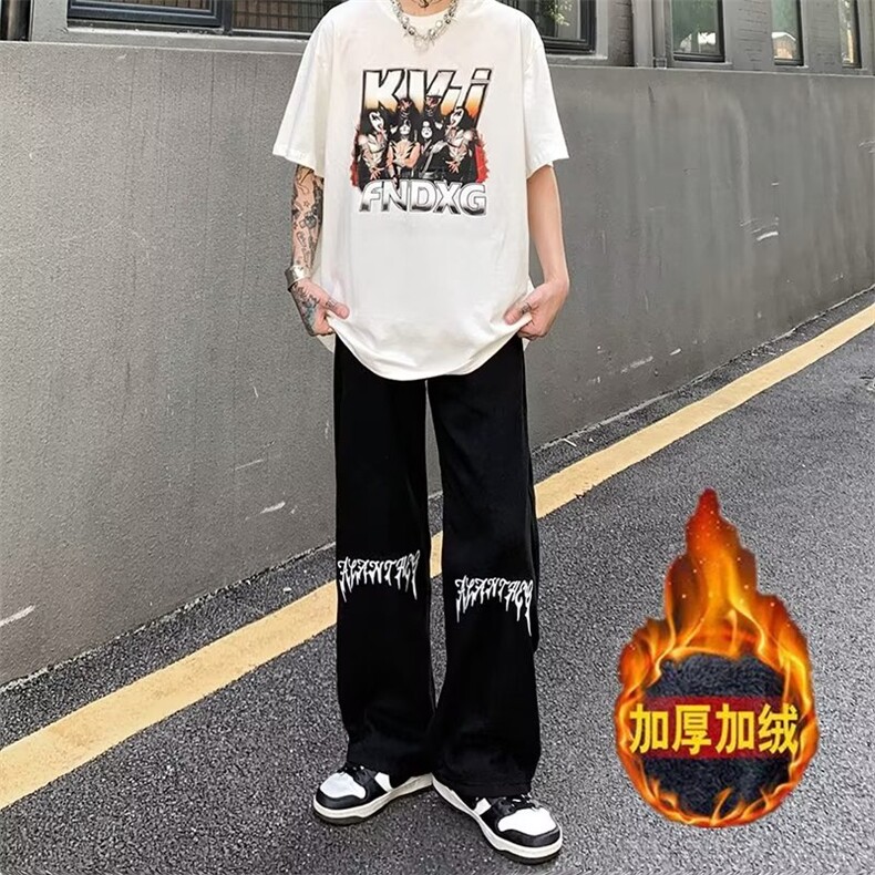 加绒牛仔裤潮牌ins街头水洗直筒裤长裤男N0119-P40加绒P48图片