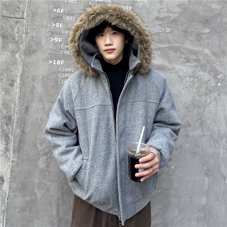 现货冬季新款连帽可拆卸毛领呢料棉衣棉服男女情侣款棉衣特p98,男装棉衣,电商C307