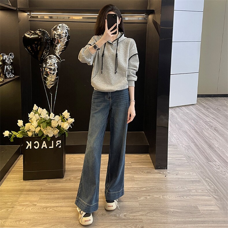 春款女连帽卫衣阔腿牛仔裤设计感显高两件套图片