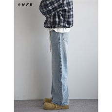 美式复古蓝色水洗弯刀牛仔裤男女宽松情侣抽绳裤子K7096-P48网图，男装牛仔裤，电商B245