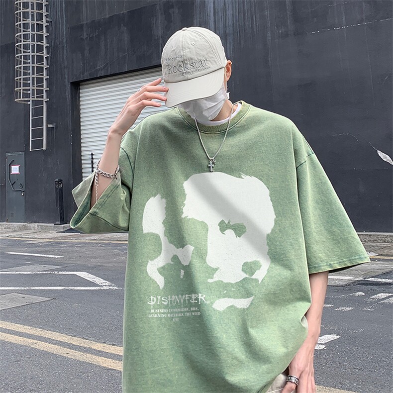复古水洗做旧美式抽象印花落肩袖高街重磅短袖T恤B239-1070-P38,男装T恤,星座514-2(原B239)