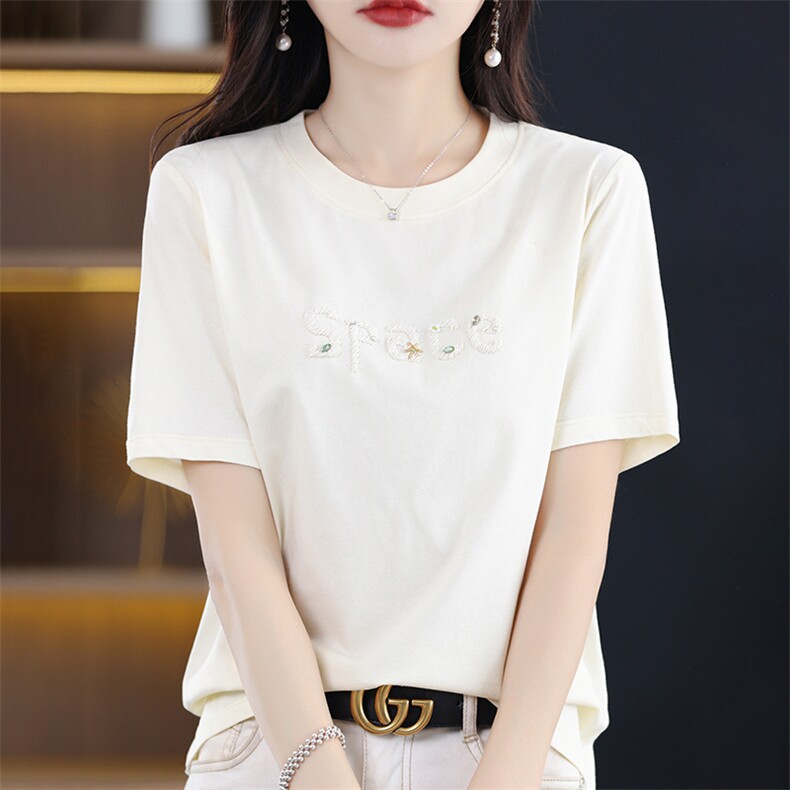 夏季新款刺绣丝光棉短袖t恤女半袖减龄正肩上衣,女装T恤,暖烁羊绒