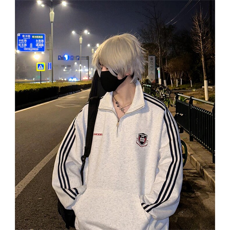 抖音得物美式全棉三条杠立领卫衣半拉链外套印花卫衣A2901,女装短外套,电商A443