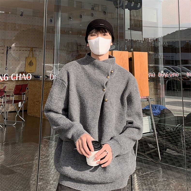 秋冬款男立领套头毛衣单排扣褶皱本命年红针织衫外套M6531P65,男装针织衫/毛衣,星座1013-1